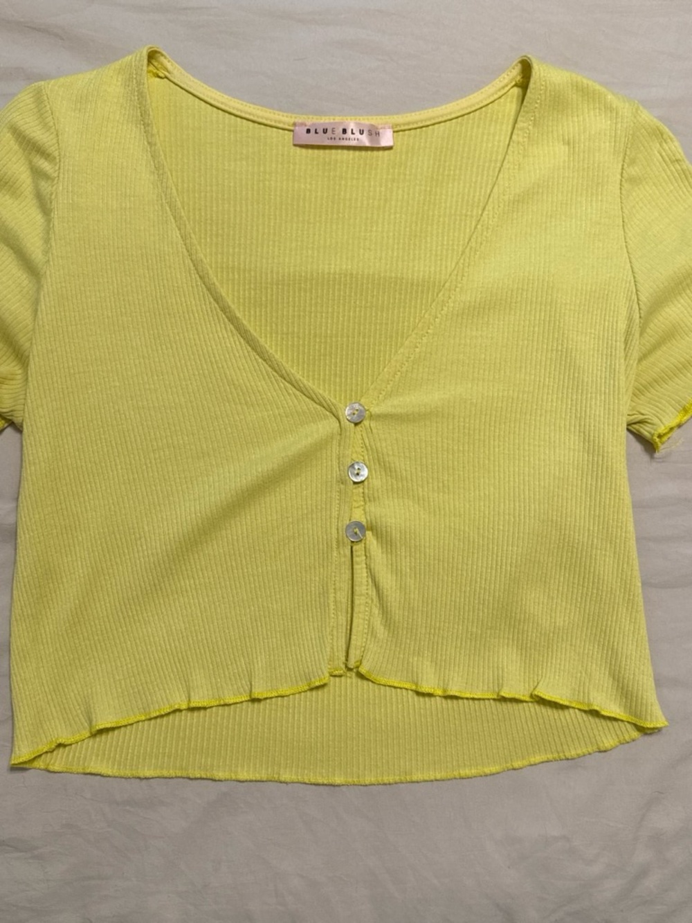 Blue Blush Yellow Ribbed Button-Front Cropped Top